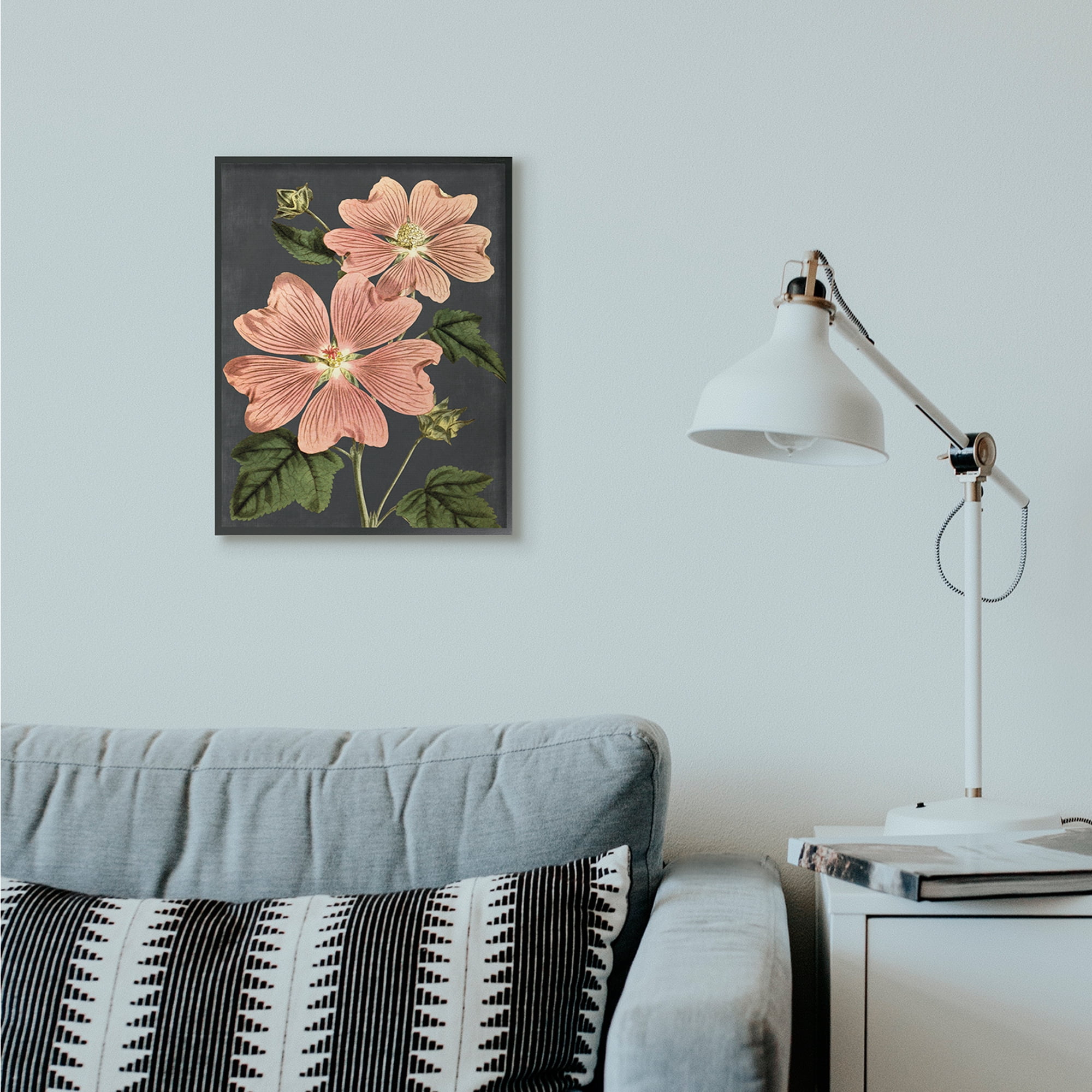 Stupell Industries Botanical Drawing Pink Flower On Black Design Framed Wall Art by Lettered and Lined