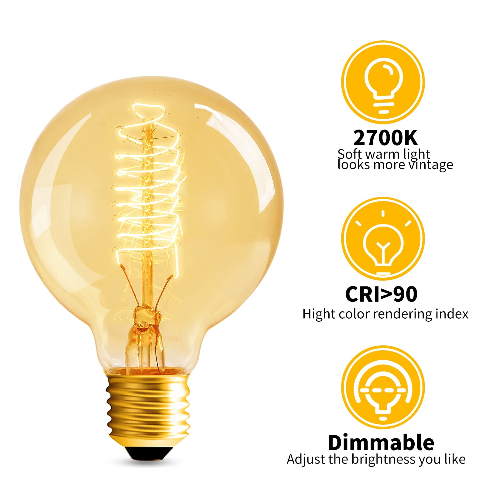 Globe Edison Bulbs, 6-Pack 60w Vintage Edison Light Bulb, Spiral Filament Edison Bulbs, E26 Base - Amber Tinted - 120VDimmable - G80 Decorative Lightbulbs