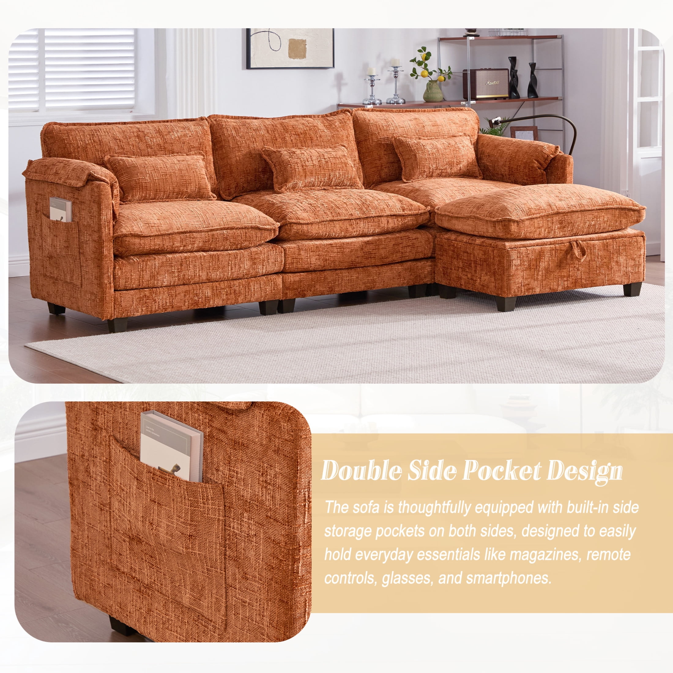 Noble House Modern 112" Oversized L-Shape Sectional Sofa, Chenille Cloud Couch with Modular Storage Ottoman, Orange