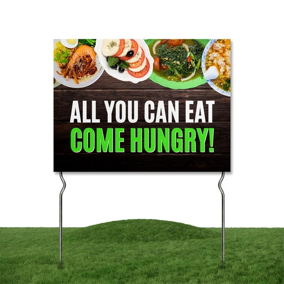 All-You-Can-Eat - Viens Affamé! Panneau de Cour par DC / 24"x18 Pouces Panneau de Jardin Double Face pour Restaurants avec Piquets Métalliques de 13” / Panneaux Extérieurs Imperméables pour Pelouse, Patio, Trottoir et Maison / Ensemble de 2