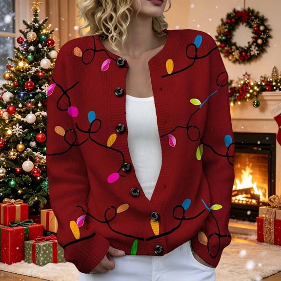 Gunia Christmas Cardigan Sweaters for Women Knit Tops Funny Graphic Button Up Fall Winter Oversized Xmas Sweater Cozy Casual Coat Red Trendy Sweater,Size S-5Xl