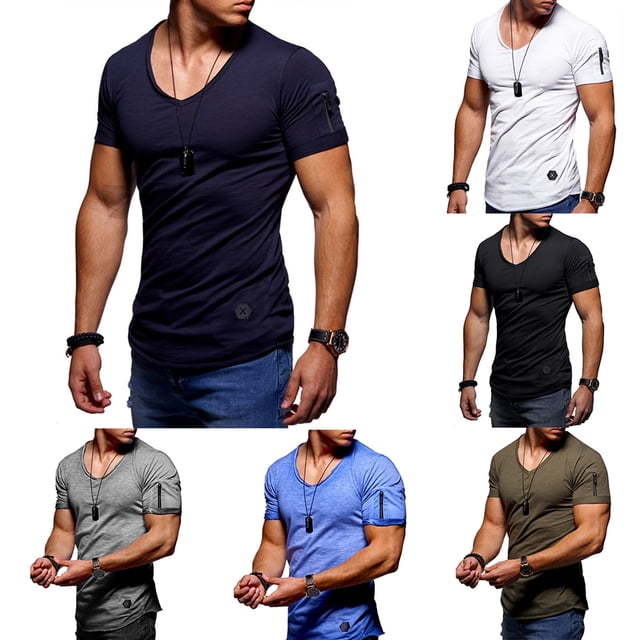 Farfi Summer Men Plus Tamaño Color Sólido Cremallera Cuello corto V Cuello Top Top Blue Blue Farfi Camiseta de manga corta