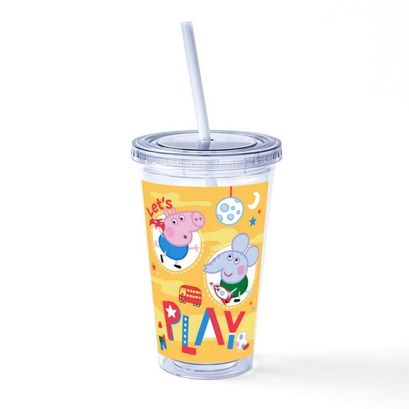 CafePress - Peppa Pig: Let's Play - 16 Ounce Classic Clear Insulated Double Wall Tumbler Cup with Lid Straw , Reusable