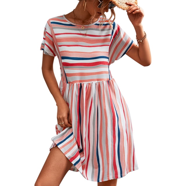 Robe d'Été, Simple Ronde Cou Type Lose Robe d'Été Décontractée Manches Courtes pour l'École Orange Rose M