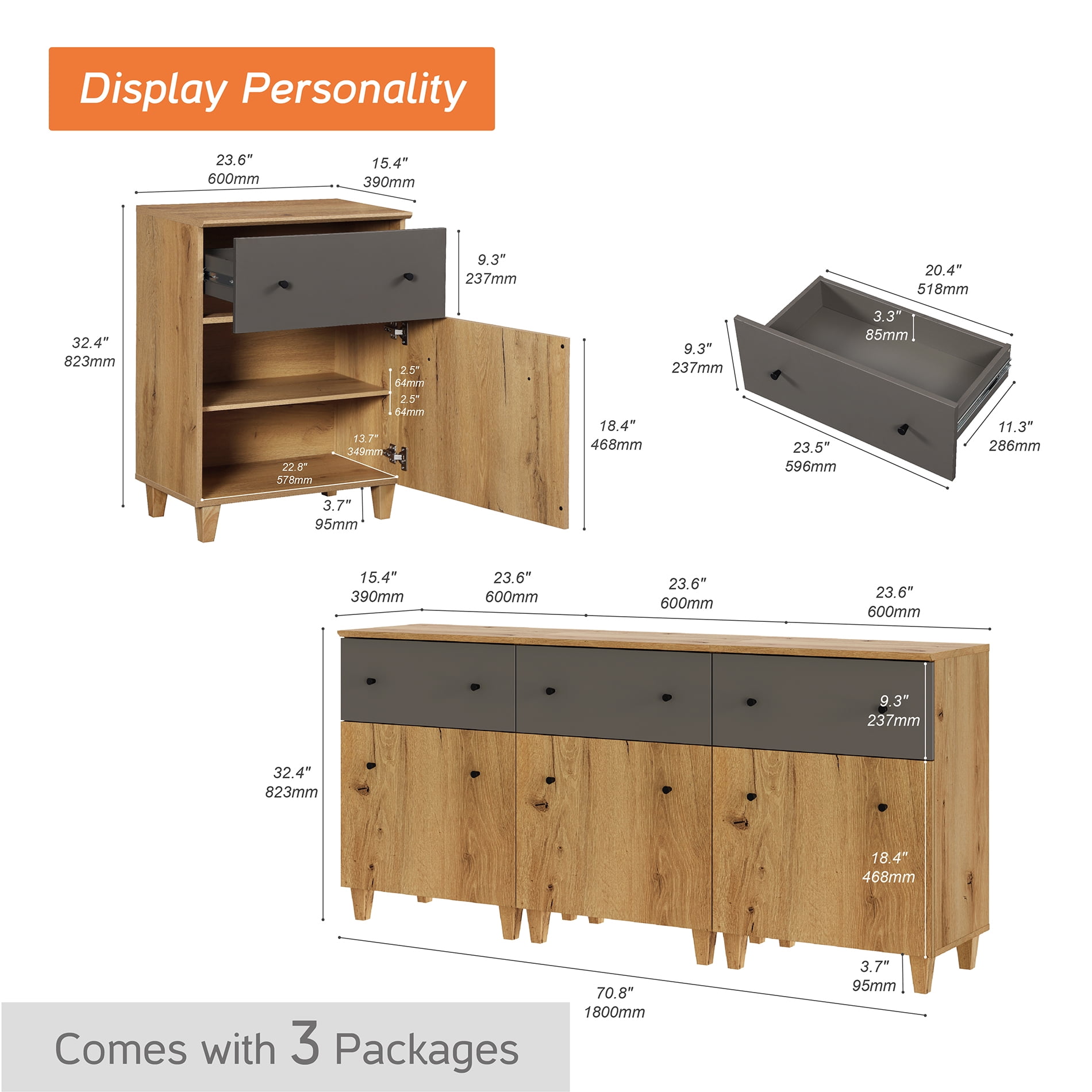WAMPAT 3-in-1 Wood Dresser with 3 Drawers and 3 Cabinets for Bedroom, Modern Chest of Drawers, 71" Wide, Oak Brown&Dark Gray