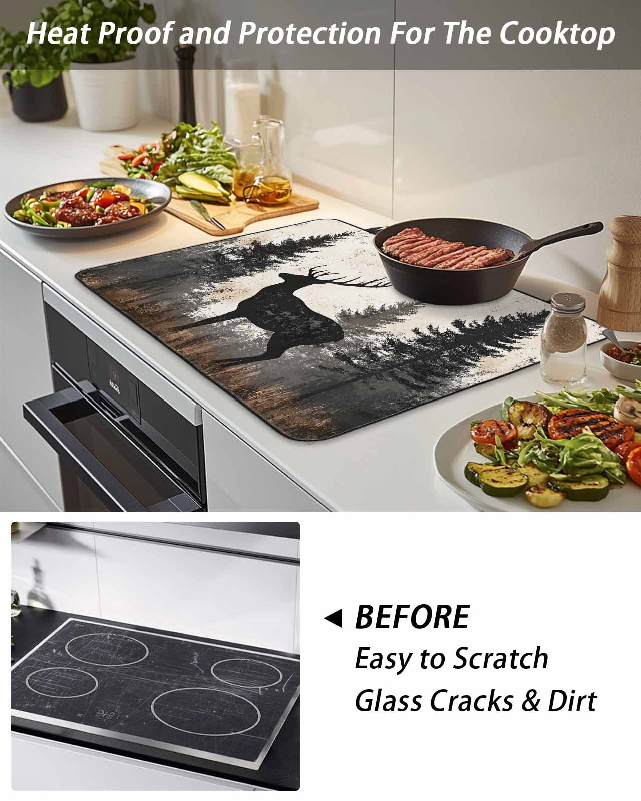 Stove Top Covers for Electric Stove, Forest Elk Glass Stovetop Cover Protector, Rustic Nature Tree Retro Deer Silhouette Induction Cooktop Protector Oven Mat for Kitchen Countertop 24"x21"