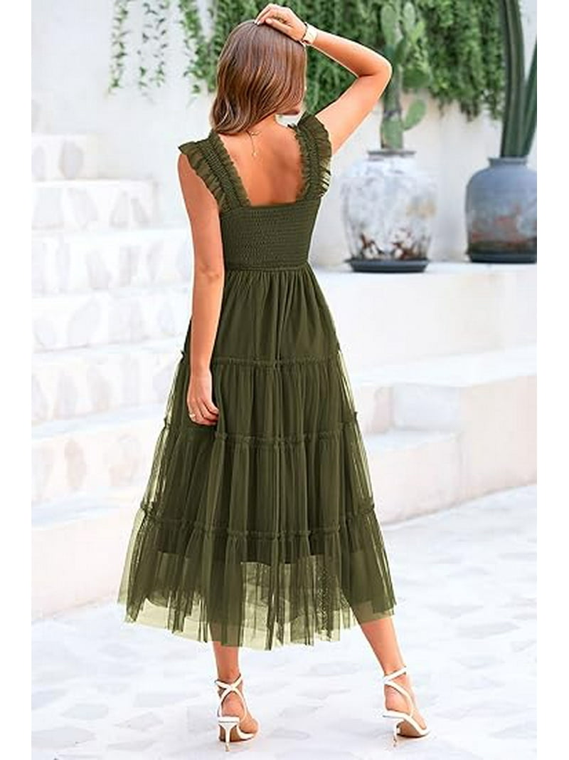 Prettygarden Women's Midi Tulle Dress Sleeveless Smocked Square Neck Ruffle Flowy Party Wedding Guest Sundress, Size: Large, Green Prettygarden Women's Midi Tulle Dress Sleeveless Smocked Square Neck Ruffle Flowy Party Wedding Guest Sundress, Size: Large, Green