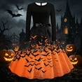 thumbnail image 2 of KICILVS Womens Halloween Costume Crew Neck Long Sleeve Bat Print Bow Tie Waist Flared Dress Elegant Vintage 1950's Tea Party Dresses, 2 of 6
