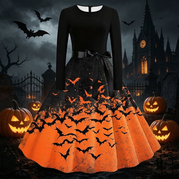 BRGZLK Halloween Costume Womens Midi Dress 2026 Trendy Crew Neck Long Sleeve Soft Comfy Breathable Cocktail Dresses Vintage Medieval Party Dress with Belt Orange XL