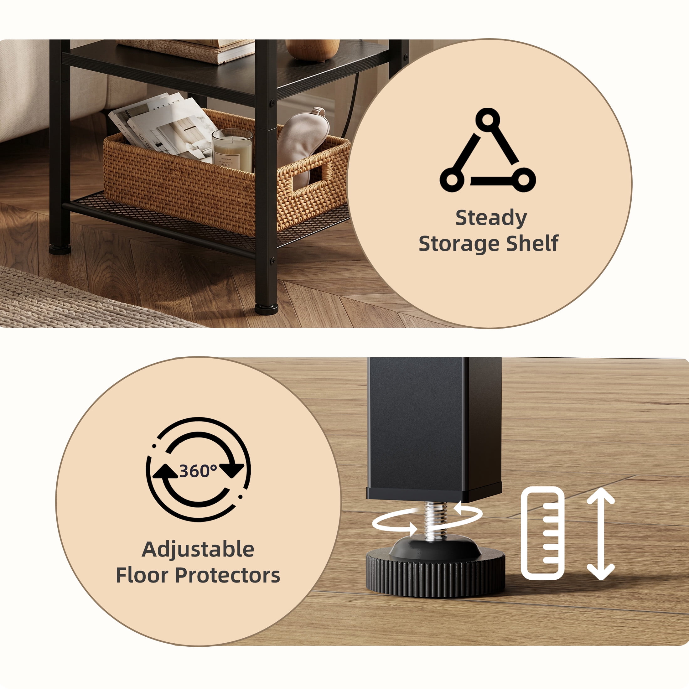 CONCETTA 3 Tier Nightstand with Charging Station, Bedside End Table for Bedroom Living Room, Black