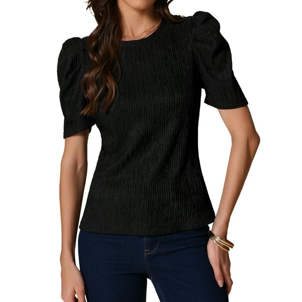 INSPIRAR CHIC Blusa Casual de Verano de Manga Corta con Puff para Mujeres, Cuello Redondo, Talla XS, Negra