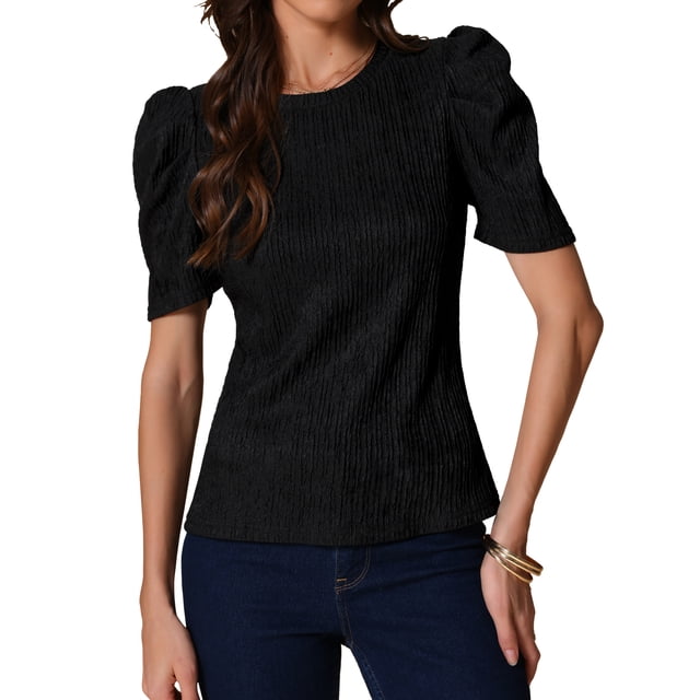 INSPIRAR CHIC Blusa de Verano Casual de Manga Corta con Puff para Mujeres S Negra