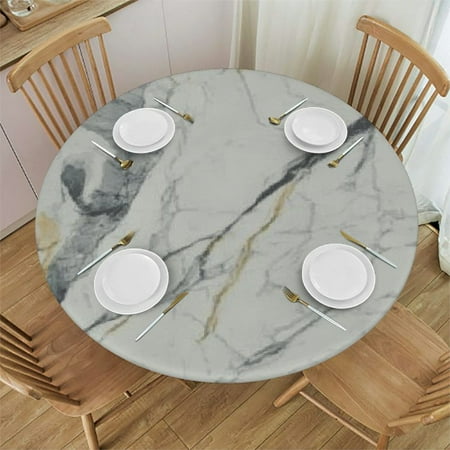 

QKZF Gold and White Marble Tablecloth with Elastic Edge Round Table Cloth Washable Reusable Table Cover for Kitchen Dining Party Picnic 42 -46