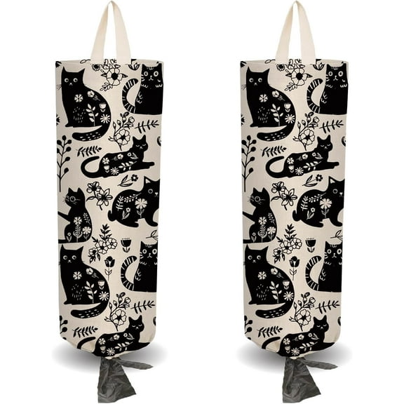 2Pcs Black Cat Plant Flower Cloth Plastic Bag Holder with 4 Adhesive Hook Reusable Grocery Organizer Wall Mount Hanging Trash Shopping Bags Storage Dispenser for Cabinet Home Kitchen Pantry colorful