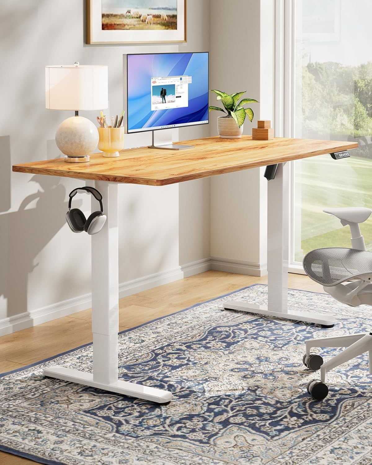 Kyspho 60" x 24" One Piece Electric Standing Desk, Height Adjustable Computer Desk with 4 Height Memory Settings, Sit Stand up Desk for Home Office, Light Brown