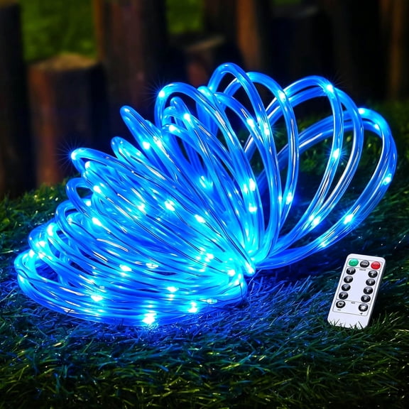 Blue Rope Lights ,23 ft 50 LED Clear Tube Lights with Remote Control, 8 Modes Outdoor Battery Operated Fairy String Lights for Party Yard Home Wedding Christmas Halloween Holiday Decoration