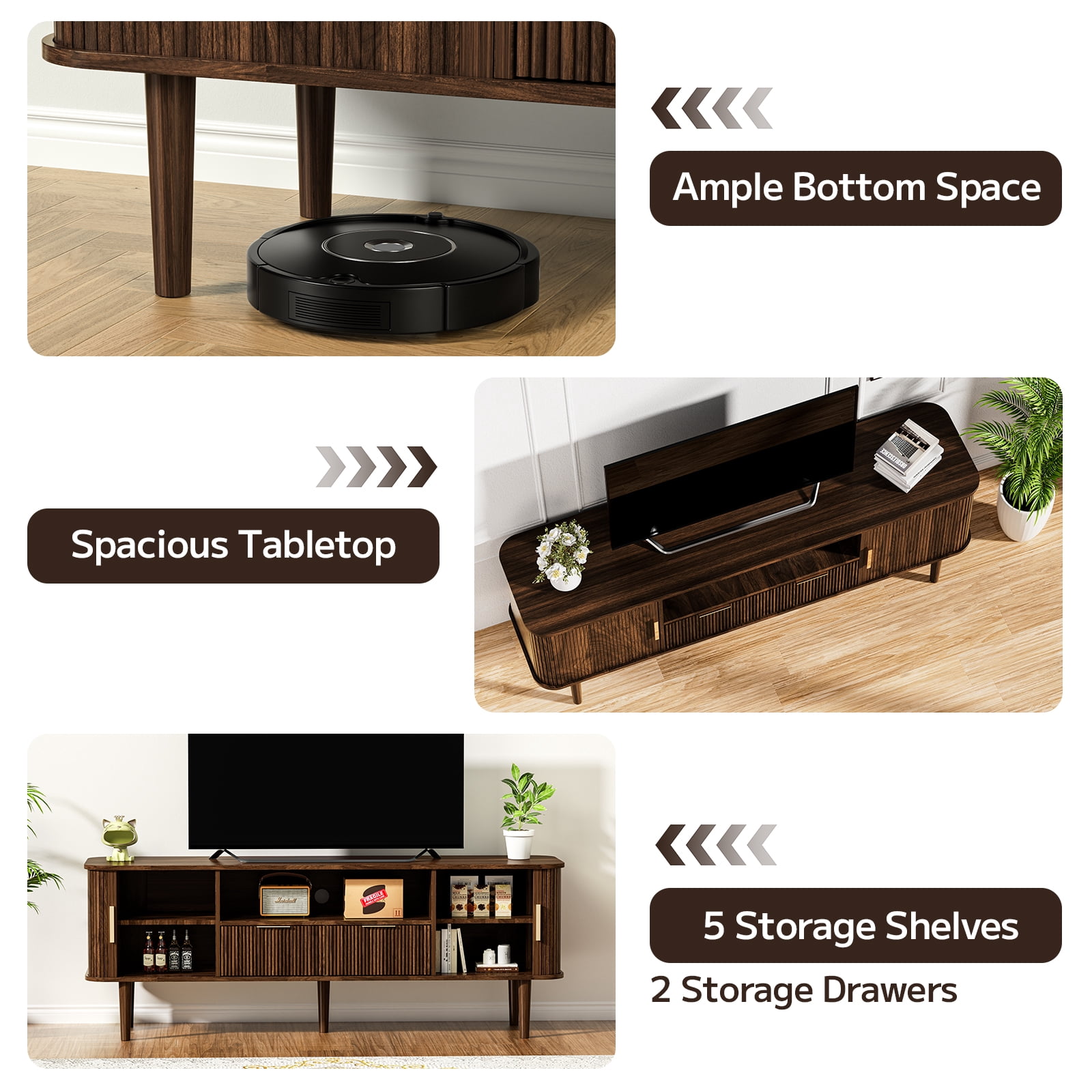 TV Stand 62.4 Inch Mid Century Modern Media Console Table with Drawer Shelves Sliding Tambour Door Farmhouse Sideboard Buffet Cabinet Fits TVs up to 75 inch Fluted Wood Entertainment Center