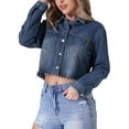 thumbnail image 4 of INSPIRE CHIC Women's Long Sleeve Frayed Hem Trendy Cropped Denim Jacket S Blue, 4 of 5