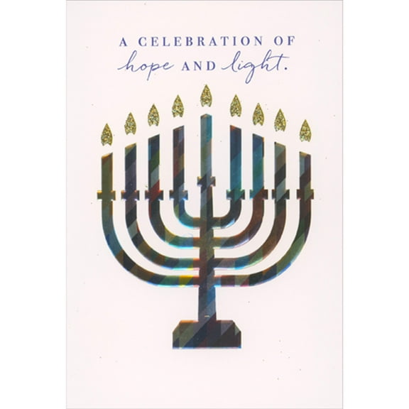 Pictura Colorful Metallic Foil Menorah with Glittery Gold Flames Hanukkah Card
