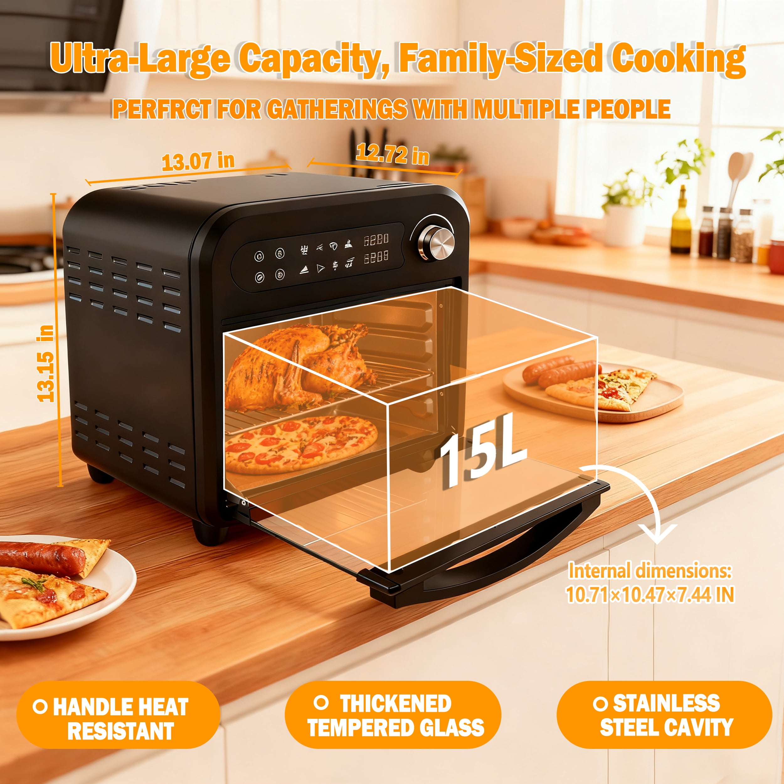 Fitfort 16QT Digital Air Fryer Oven Toaster Combo with 360° Hot Air Circulation, 1500W Fast Heating, Transparent Door Window, Precise Temperature Control, Includes 5 Accessories