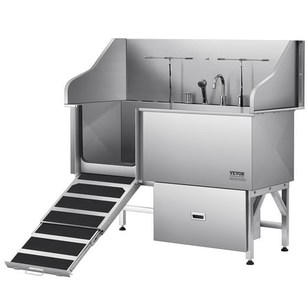 VEVOR Stainless Steel Dog Washing Station, 61 inch Pet Grooming Tub w/ Ramp, Water Filter Board, Faucet & Showerhead & Leash Dog Bathtub for Large & Medium & Small Pets (Left Door)