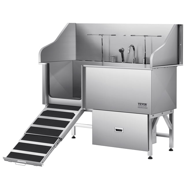 VEVOR 61 Inch Dog Grooming Bath Tub Stainless Steel w Ramp Water Filter Left
