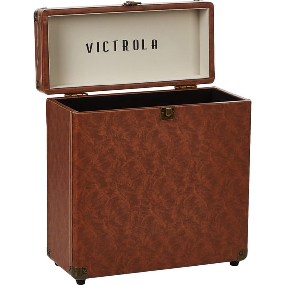 Victrola Collector â Record Storage Case â Holds 30+ Vinyl Turntable Records, Heavy-Duty Hardware, Hinges, & Smart Metal Corners, Portable with Easy-Carry Handle (Brown)