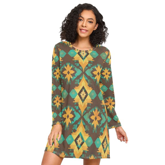 FORMRS Womens Long Sleeve Nightgowns Crew Neck Sleep Shirt Soft Pajamas Sizes S-3XL, Geometric Patterns
