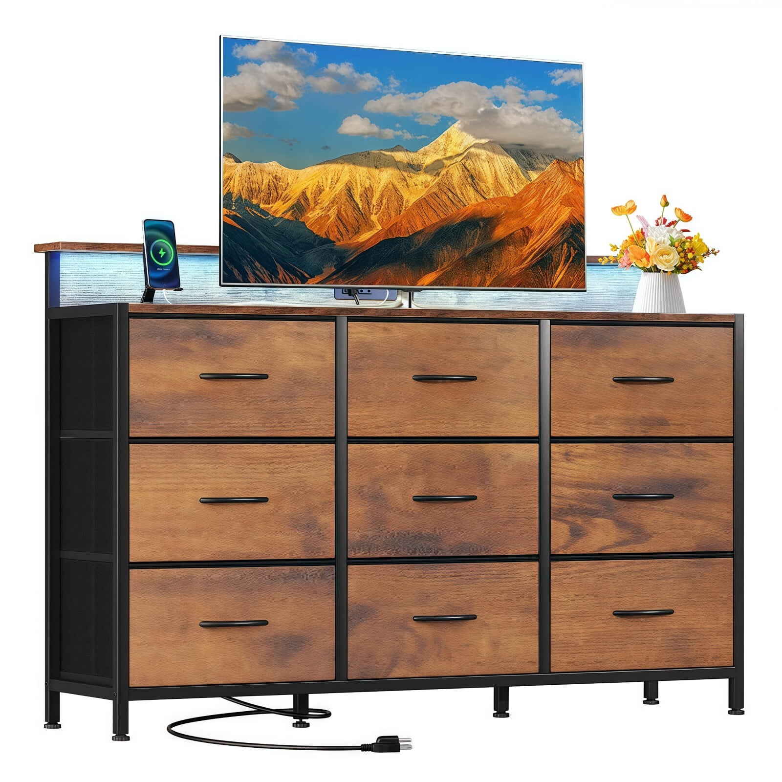 BEAUTYPEAK TV Stand Dresser with 9 Fabric Drawers LED Light AC USB-C Charging Station, Rustic Brown