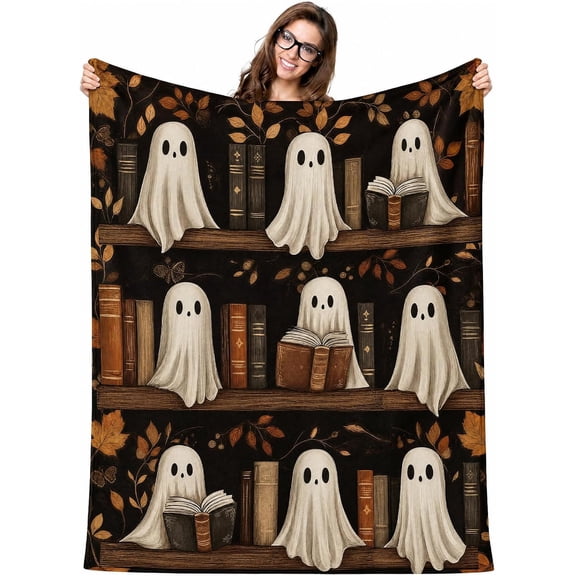 Halloween Vintage Ghost Blanket 60 x 50 Inch Book Lovers Gifts Spooky Reading Throw Blanket Bookworm Ghost Horror Gifts for Basket Women Bookish Librarian Book Club Reader