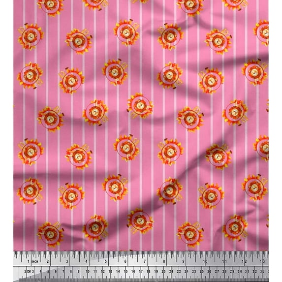 Soimoi Pink Poly Georgette Fabric Stripe,Fire Ring & Lion Cartoon Print Fabric by Yard 52 Inch Wide