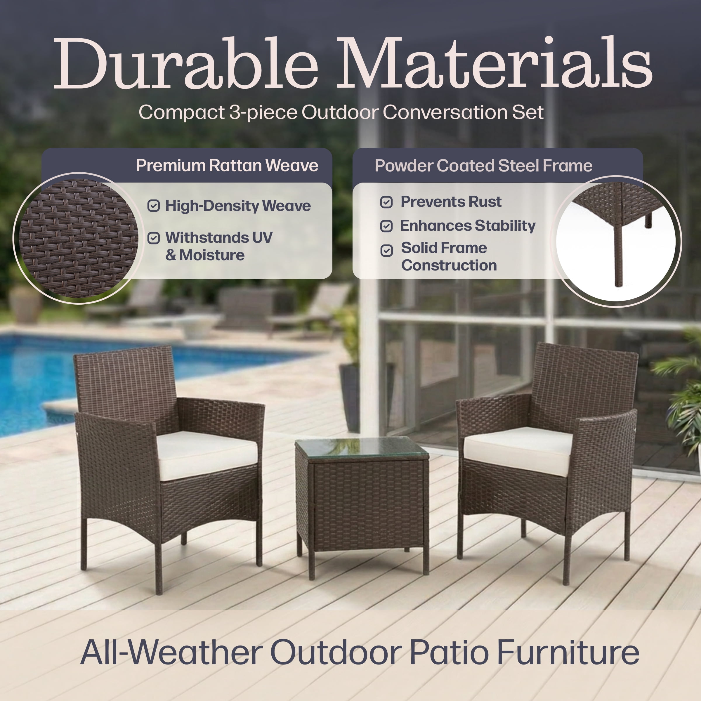Lavish Home 3-Piece Outdoor Patio Furniture Set with Chairs and Table (Brown)