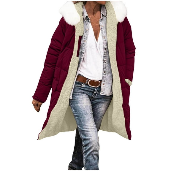 Women's Winter Hooded Long Coat with Pockets Detachable Faux Fur Collar Fleece Lined Puffy Jacket Thick Warm Overcoat (XL, Wine)