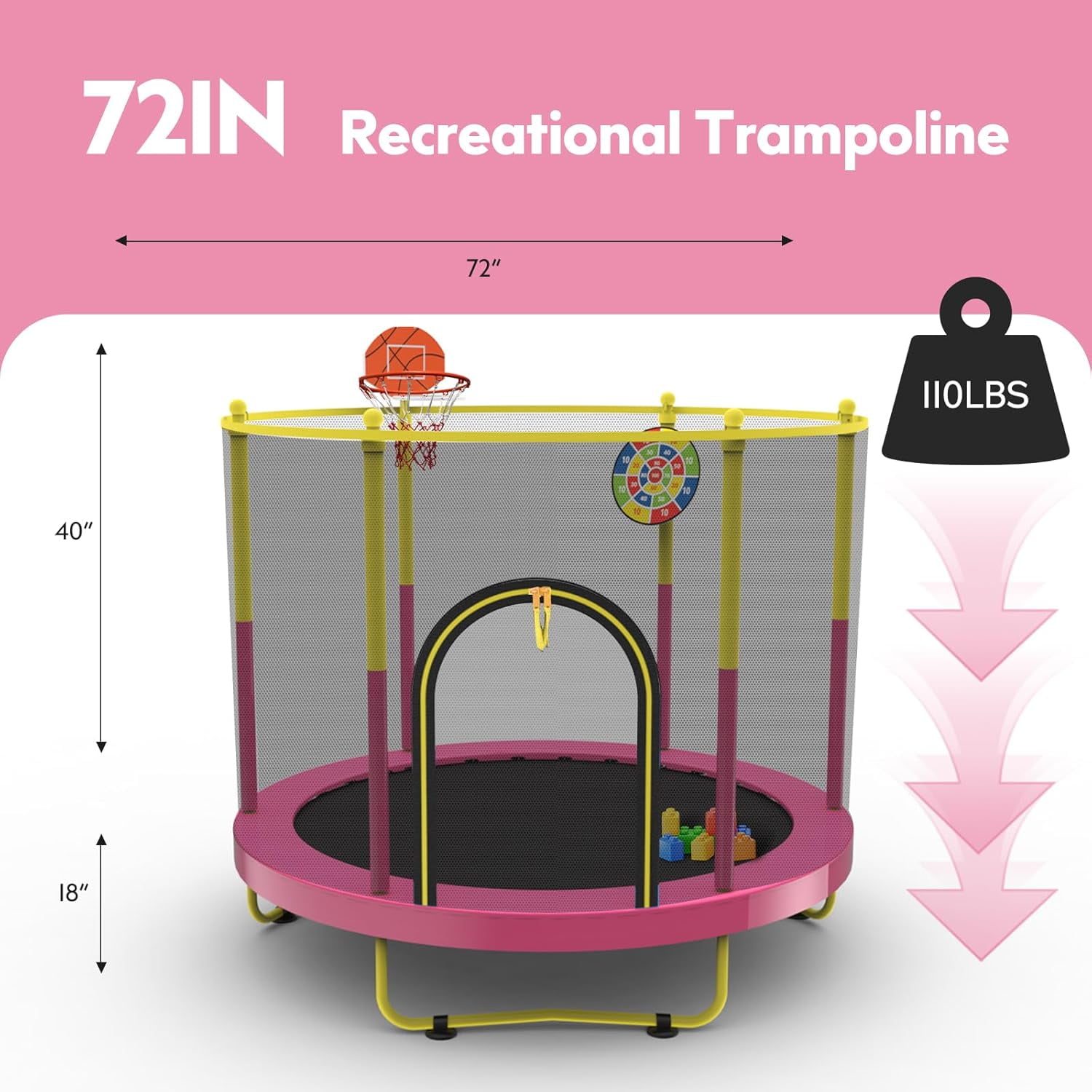 EAYSG 72" Trampoline for Kids with Net,6 FT Indoor & Outdoor Small Toddler Trampoline with Basketball Hoop & Dart Board(Pink/Yellow)