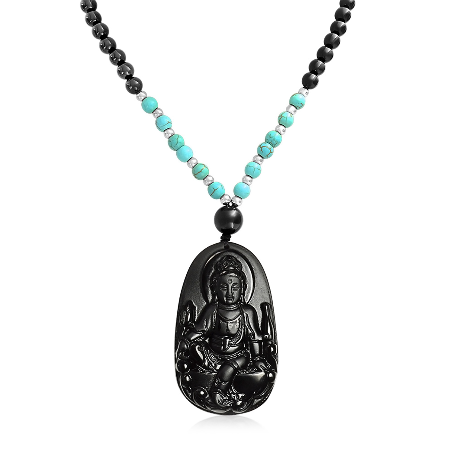 Stabilized Turquoise Black Bead Carved Long Large Fashion Statement ...