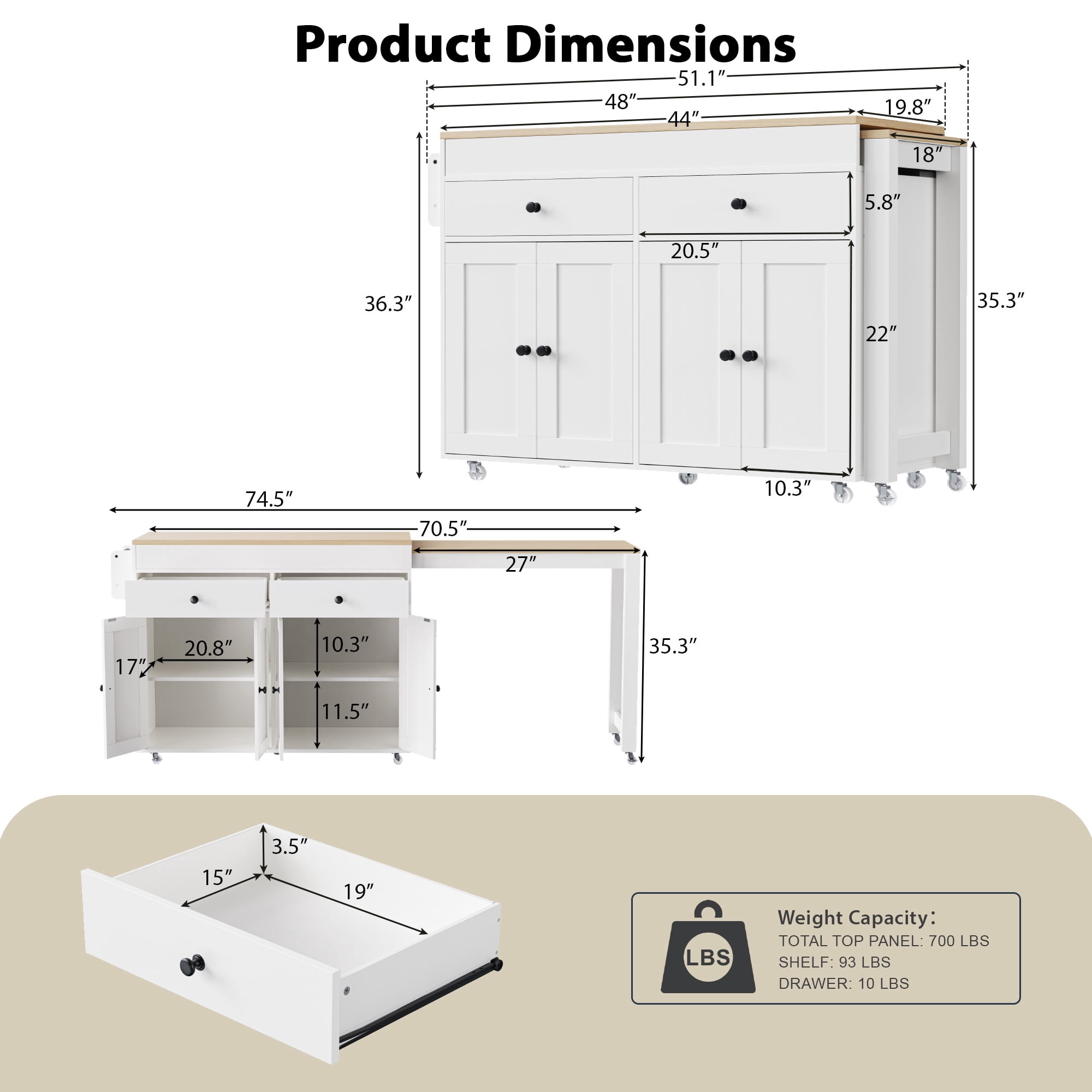 Yoneston 74.5" Rolling Kitchen Island with Extendable Dining Table, Kitchen Storage Cart with Spice Rack and 2 Drawers 4 Doors for Kitchen, Dining Room, White