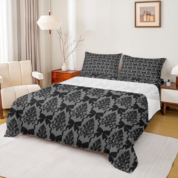 jejeloiu Retro Damask Twin 3-Piece Microfiber Gray Black Bow Floral Sheet Set