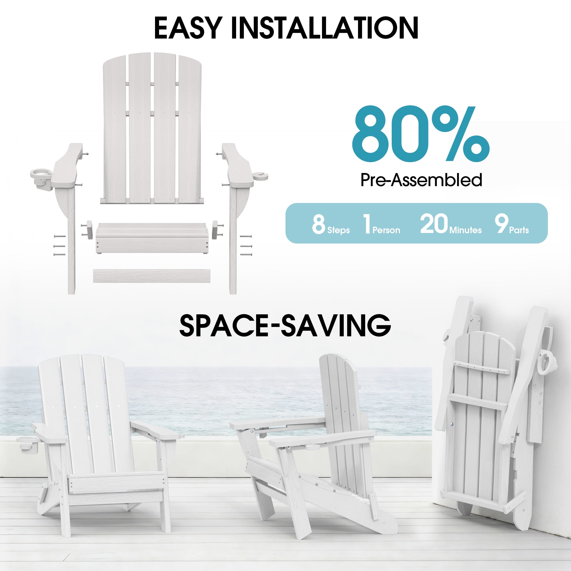 SUUNYN Folding Adirondack Chair Set of 2, HDPE Fire Pit Chairs, White