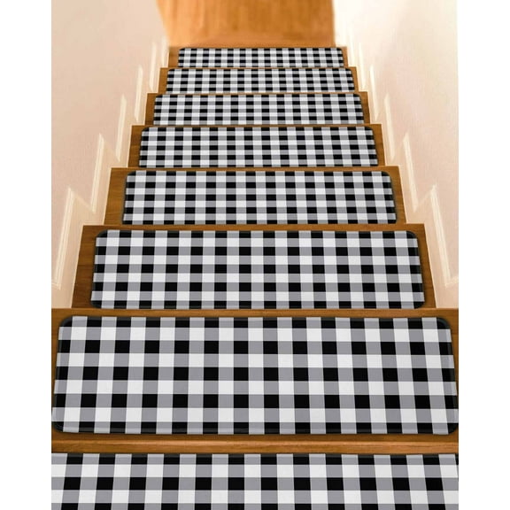 Vintage Farmhouse Stair Treads for Wooden Steps Indoor Runner Rug Carpet, Black and White Checkered 7 Pieces Peel and Stick Staircase Step Treads Covers Washable Throw Door Mats, 30"x8"