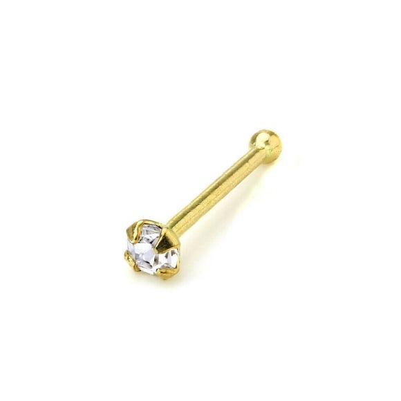 Nose Bone Stud 9Kt Solid Yellow Gold with Prong Set Circular Clear CZ 20ga