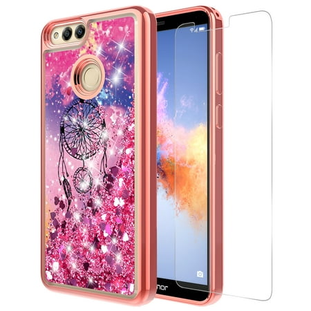 Huawei Honor 7X Case With Tempered Glass Screen Protector, KAESAR Quicksand Glitter Sparkly Bling Liquid Shiny Luxury Graphic Soft TPU Bumper Protective Cover for Honor 7 X (Dream Catcher)