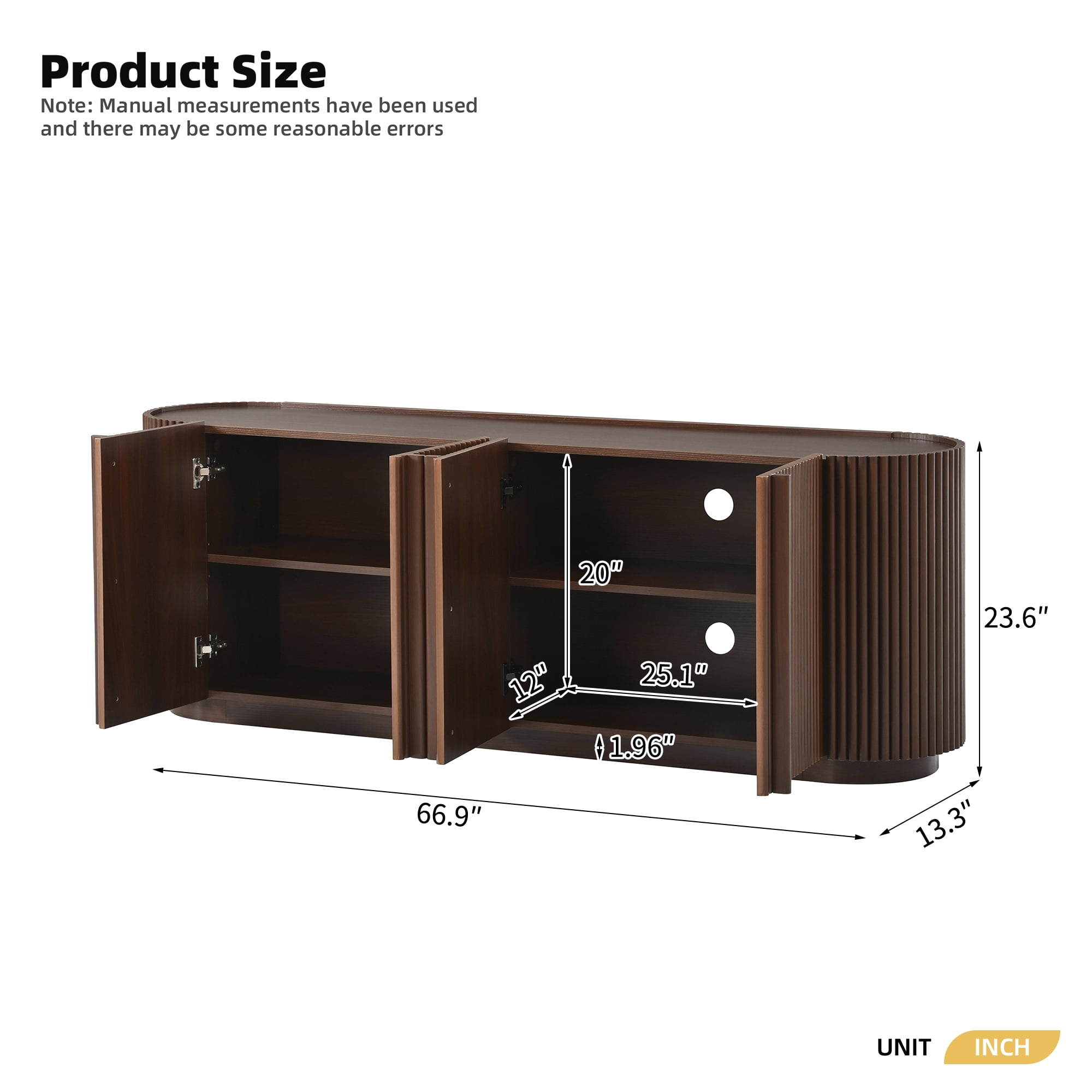 Leumius Mid Century Wood TV Stand with Fluted Tambour-Style Door, Farmhouse Media Console with Adjustable Shelves, Curved Edge TV Cabinet with Cable Management for Living Room, Walnut