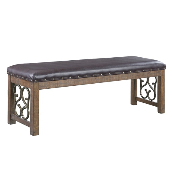 JERFIT Modern Entryway Bench with Black PU Leather Seat and Weathered Cherry Finish, Sturdy Hall Tree Bench for Bedroom, Living Room, or Foyer