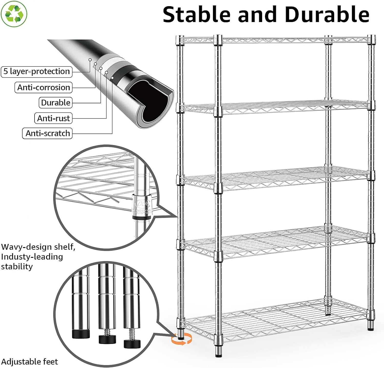 M MZG 5-Tier Metal Wire Shelf, Silver photo 4