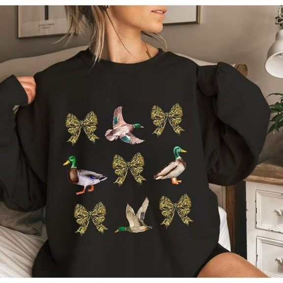 Hunting Style Sweatshirt Duck and Bow Graphic Crewneck Pullover S-3XL