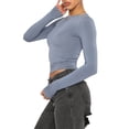 thumbnail image 6 of Caoirhny Womenacute;s Autumn Slim Cropped Tops, Solid Color Round-Neck Long Sleeve Show Navel T-Shirt, 6 of 9