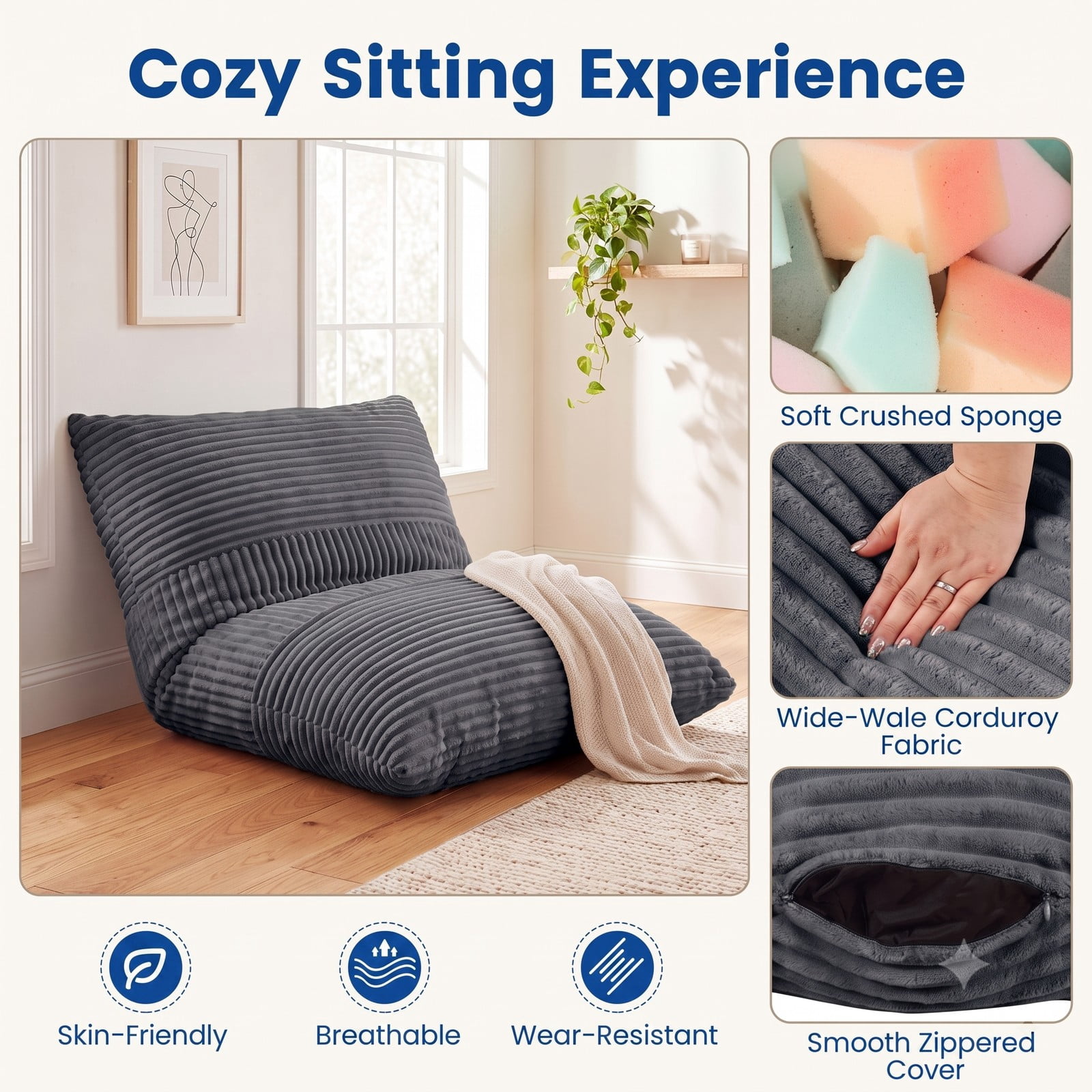 Furnibear 3-in-1 Large Bean Bag Chair, Convertible Corduroy Bed Sofa Lounger with Cozy Sponge Filling and Removable Washable Cover for Dorm Living Room Bedroom, Gray
