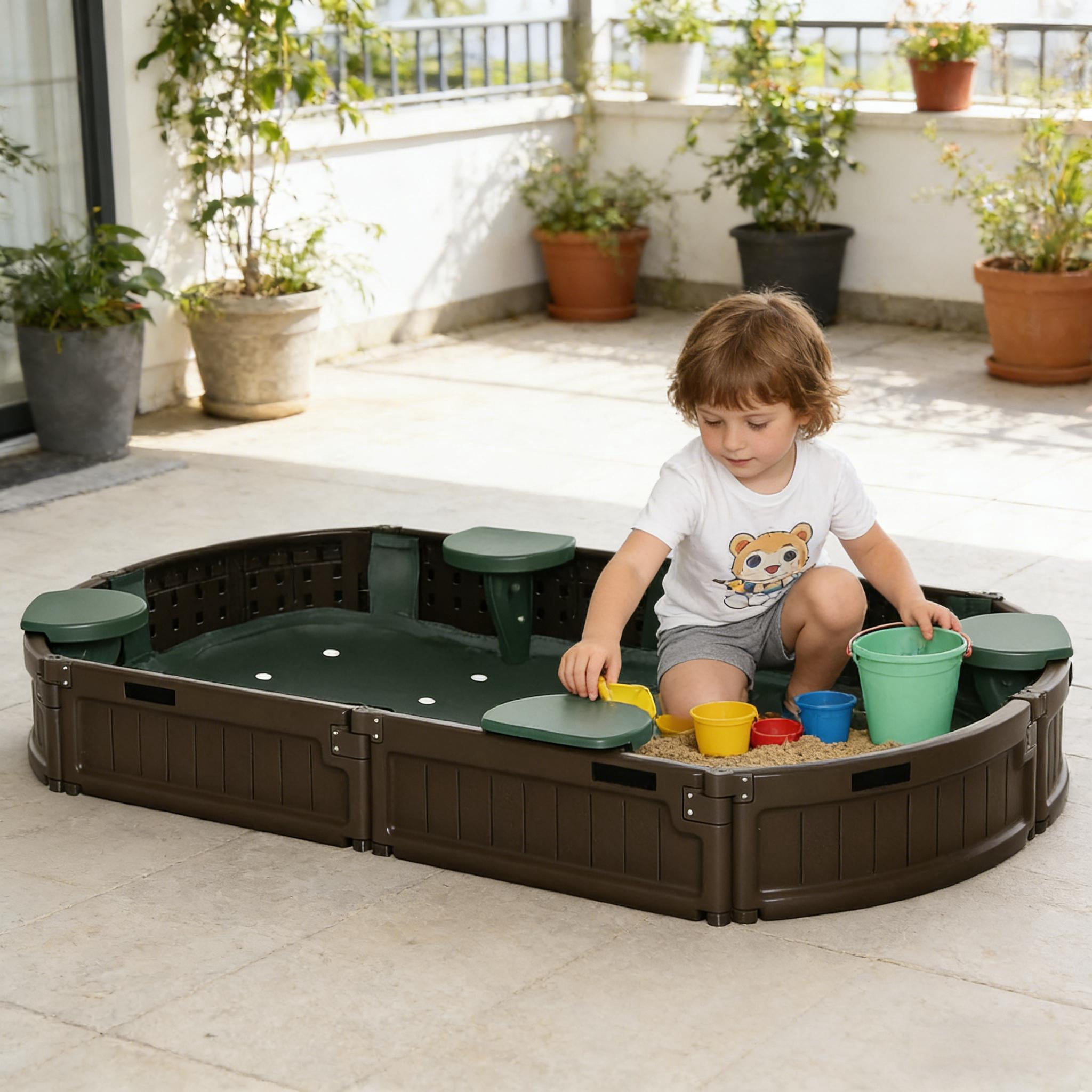 Children's Oval Outdoor HDPE Sandbox with 4 Semicircular Seats, Waterproof Oxford Cover & Liner, Dark Green Brown Sand Pit, Tool-Free Assembly for Backyard Lawn, Ages 3-12