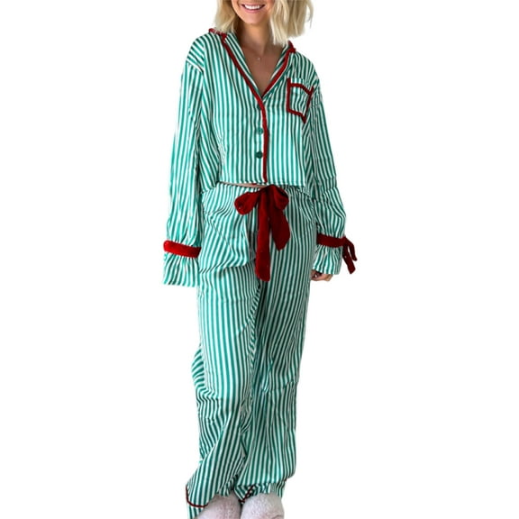 Womens Christmas Striped Pajama Set Ribbon Long Sleeve Button-up Crop Tops Bow Long Pants/Shorts 2 Piece Sleepwear Lounge Pj Christmas Outfit