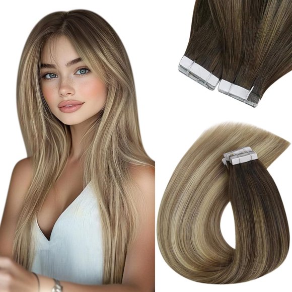 Sunny Hair Tape in Hair Extensions Human Hair Invisible Tape in Extensions 20Pcs Straight Remy Real Human Hair Extensions for Women Brown Ombre Golden Brown Balayage Platinum Blonde 12inch